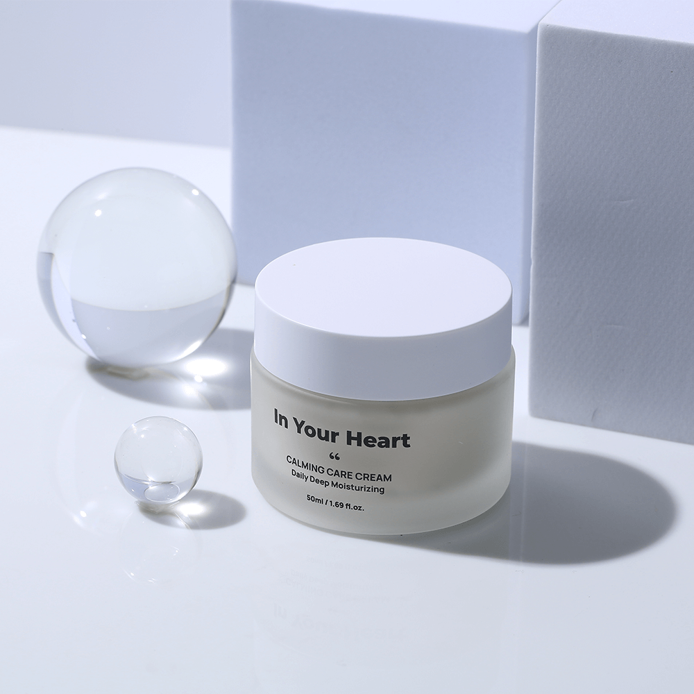 IN YOUR HEART PDRN Spicule Ampoule & Calming Care Cream Duo displayed with Calming Care Cream jar.