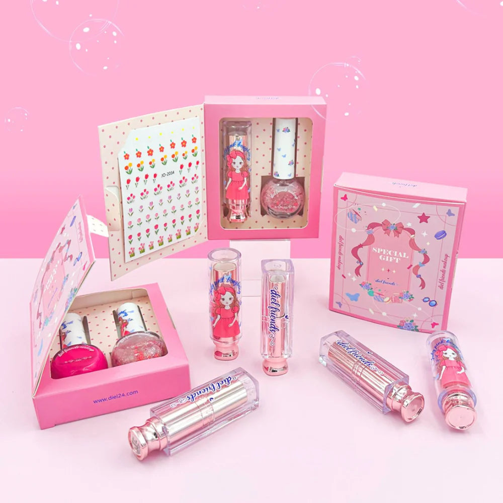 DIEL FRIENDS Lipstick & Nail Polish Set displayed with packaging and nail stickers against a pink background.
