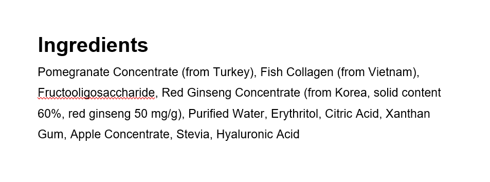 Ingredients list for MYEONGWONDAM Inner Beauty Red Ginseng Pomegranate Collagen Jelly Stick including pomegranate, collagen, and ginseng.
