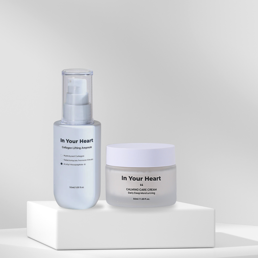 IN YOUR HEART Calming Care Cream & Collagen Lifting Ampoule Duo on a white pedestal showcasing skincare benefits.