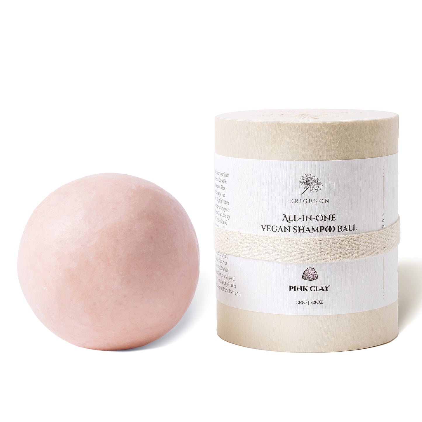 Erigeron All in one Vegan Shampoo Ball Snow Pink Clay Shampoo Ball with wooden box packaging