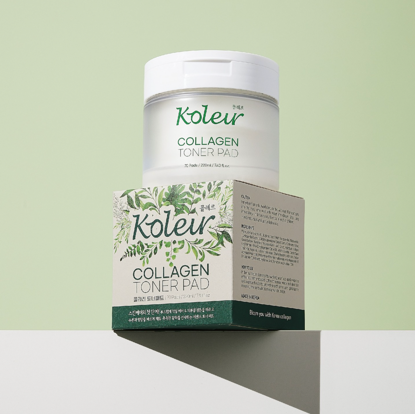 KOLEUR Collagen Toner Pad in jar with box on green background showcasing skincare benefits.