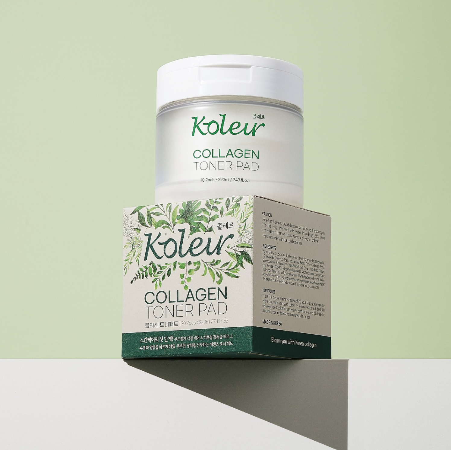 KOLEUR Collagen Toner Pad in jar with box on green background showcasing skincare benefits.