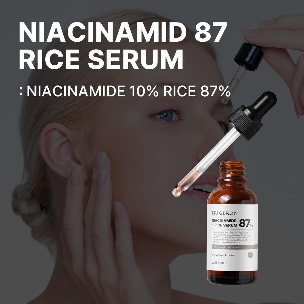 ERIGERON Niacinamide & Rice Extract Serum with dropper on model's face for skin clarity and hydration.