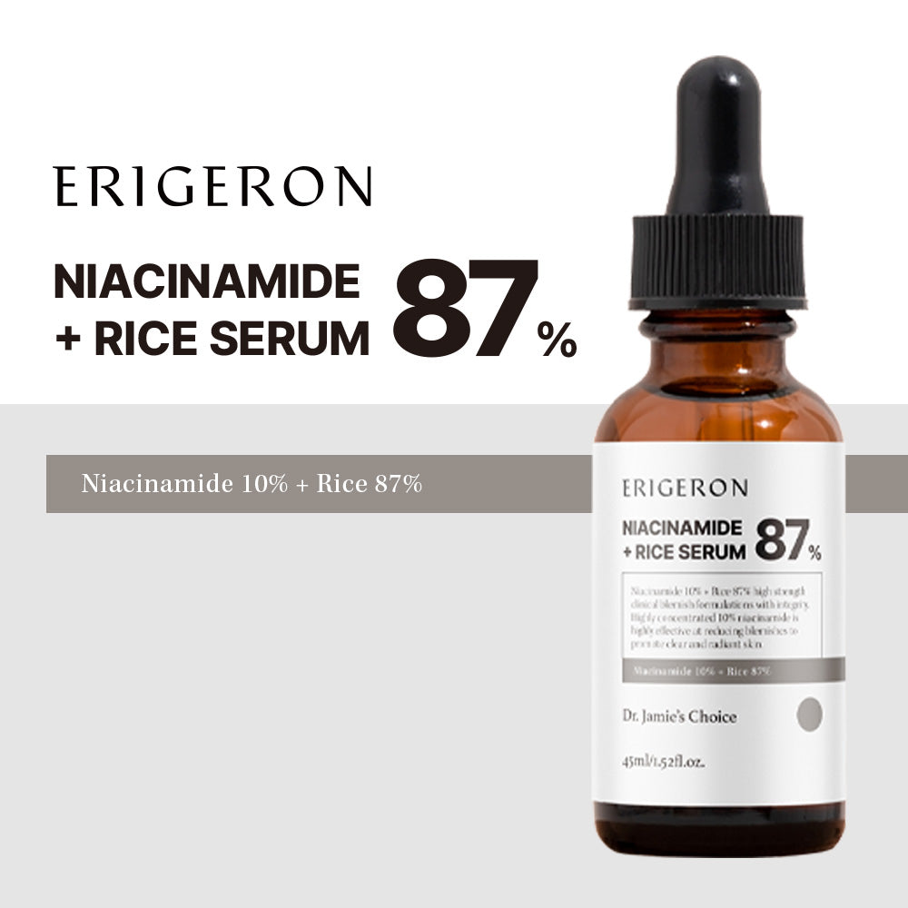 ERIGERON Niacinamide & Rice Extract Serum in a bottle with dropper showing 10% Niacinamide and 87% Rice Extract.