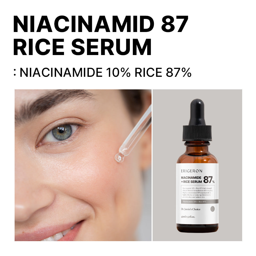 ERIGERON Niacinamide & Rice Extract Serum with dropper, promoting hydration and skin clarity.