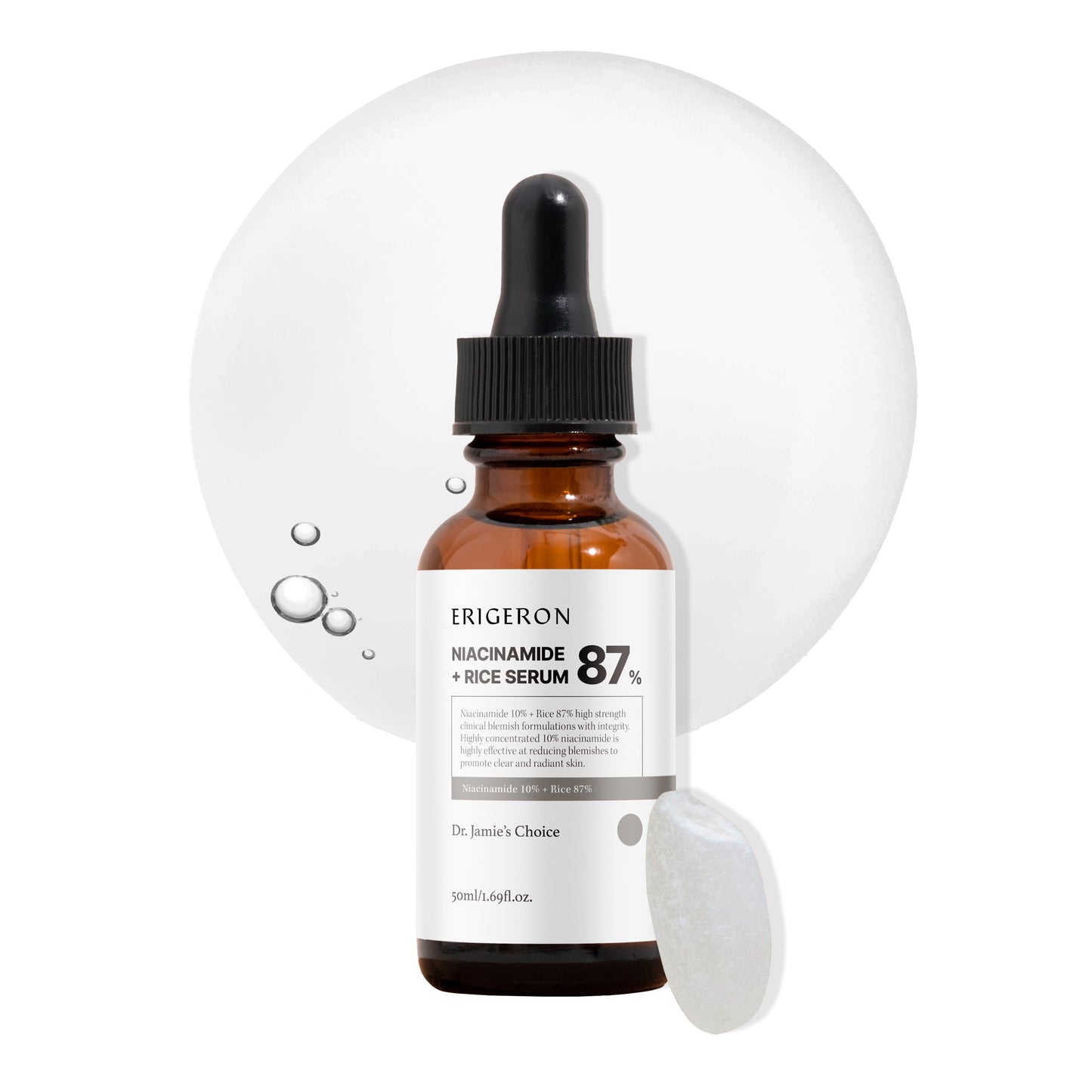 ERIGERON Niacinamide & Rice Extract Serum in a glass dropper bottle with bubbles.