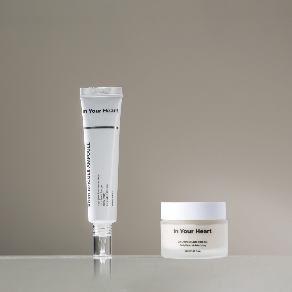 IN YOUR HEART PDRN Spicule Ampoule & Calming Care Cream Duo displayed on a neutral background.