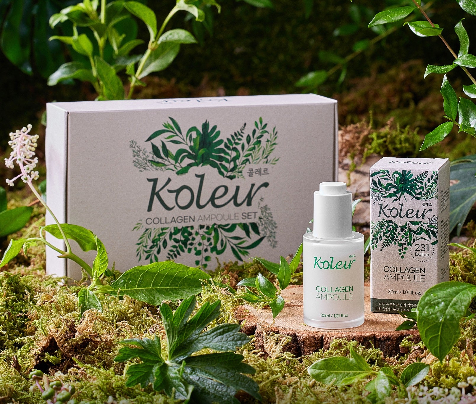 KOLEUR Collagen Ampoule set displayed amidst lush greenery showcasing skincare benefits.