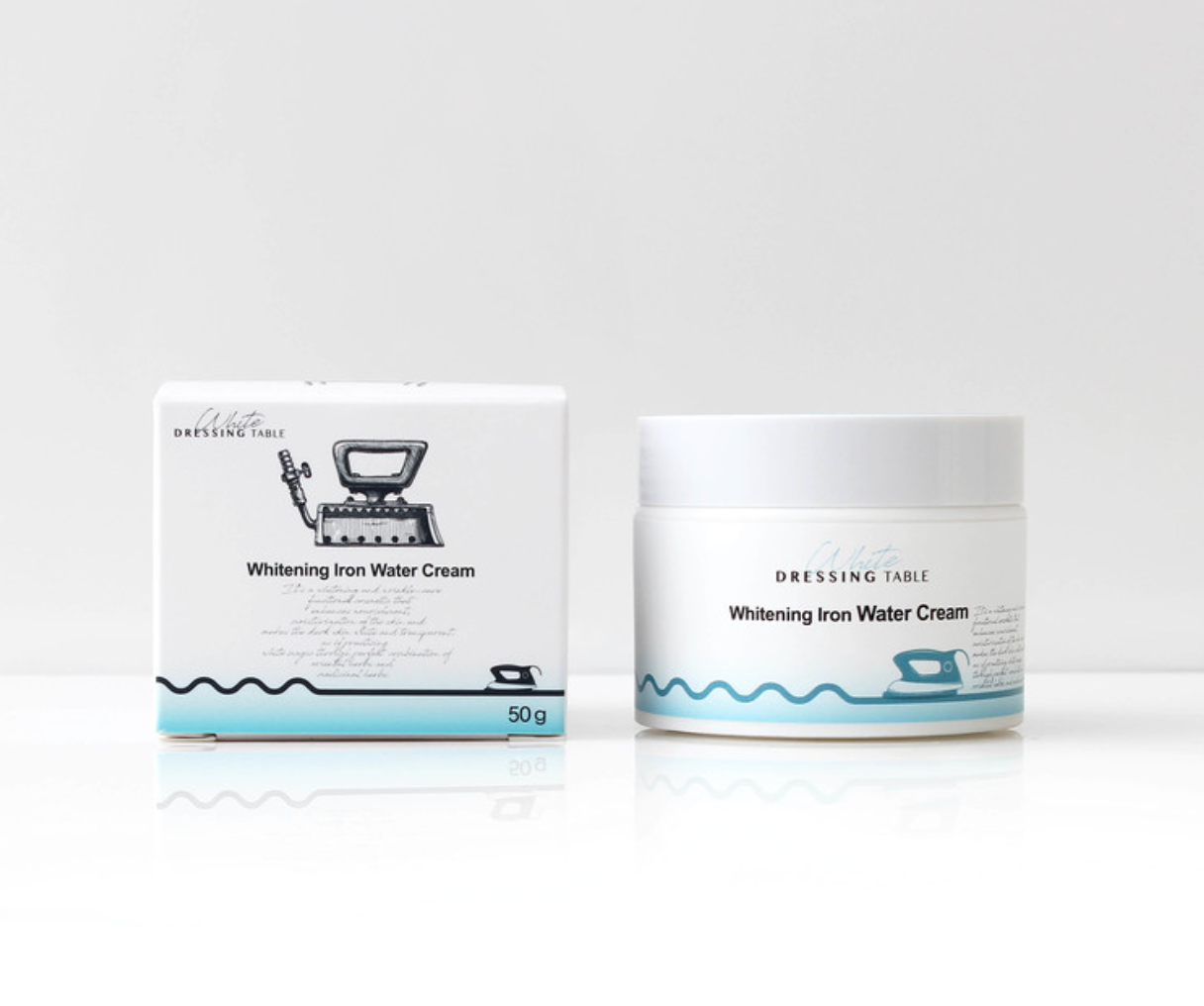 DRESSINGTABLE Brightening Iron Water Cream packaging with jar and box on a clean background.