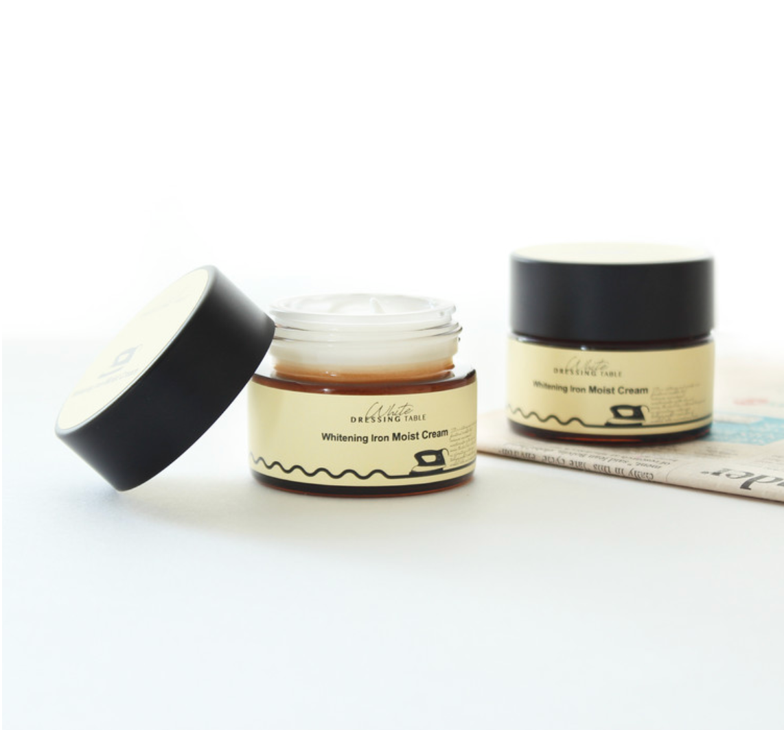 DRESSINGTABLE Brightening Iron Moist Cream jars displayed, highlighting deep hydration and brightening benefits.