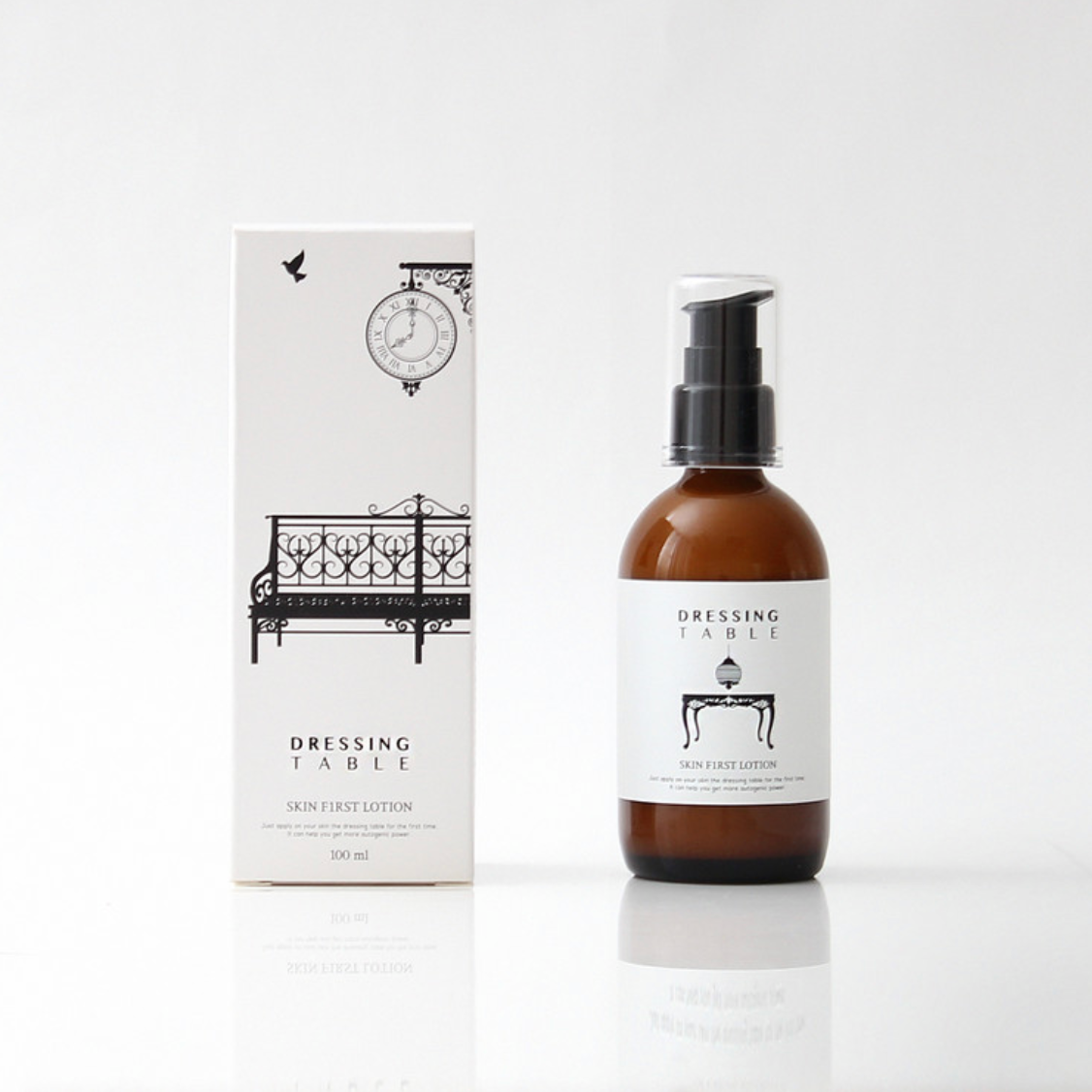 white box package next to amber bottle with black pump