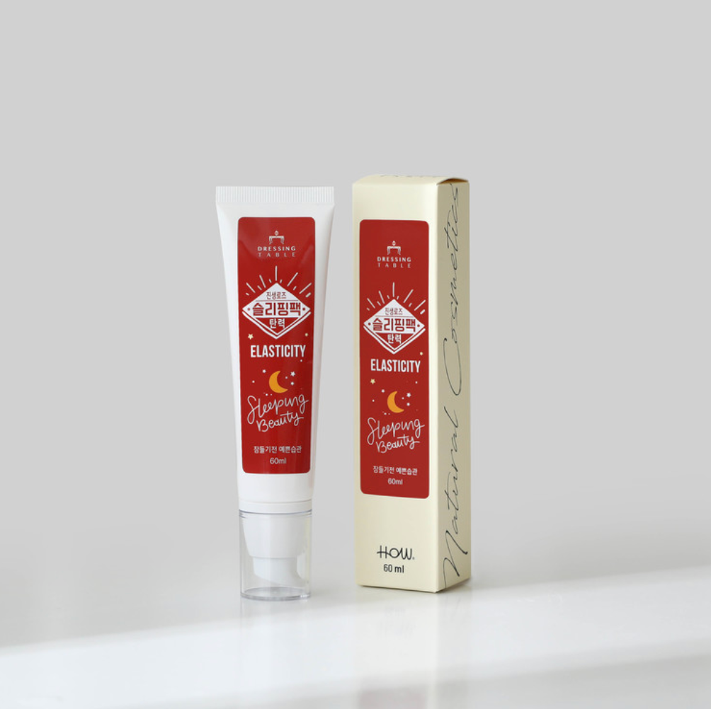 The DressingTable Elasticity Sleeping Beauty Pack tube and its matching gold-embossed box displayed against a clean, minimalist background. The tube features a red label with "Elasticity Sleeping Beauty" branding.