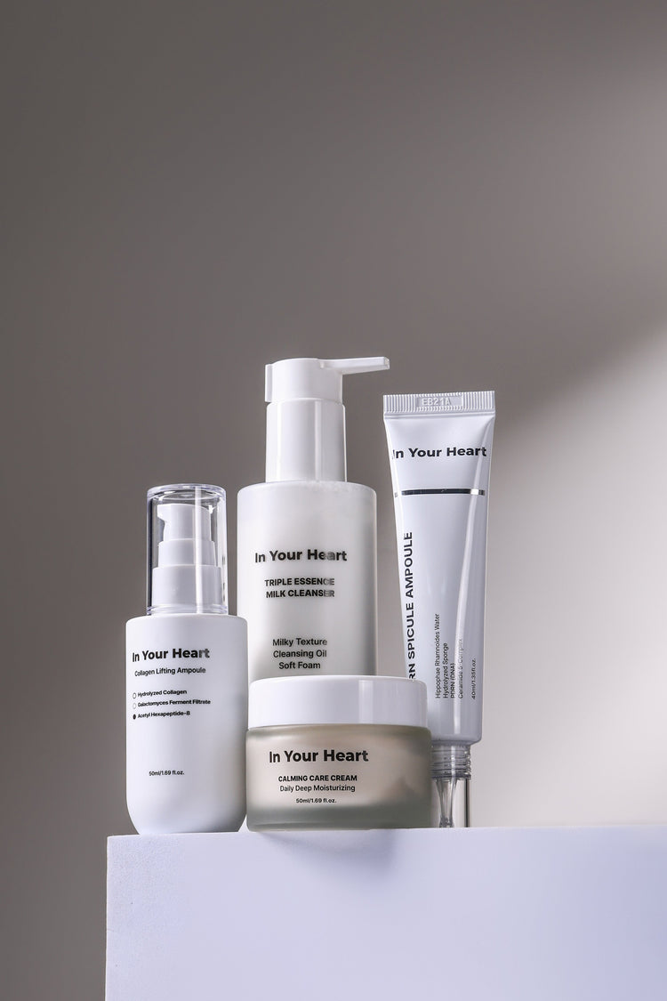 In Your Heart skincare line with Calming Cream, Collagen Ampoule, Spicule Ampoule, and Milk Cleanser