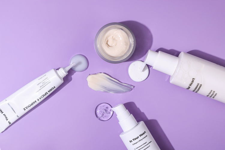 In Your Heart skincare line with Calming Cream, Collagen Ampoule, Spicule Ampoule, and Milk Cleanser