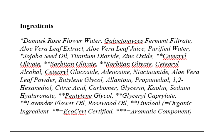 Ingredients list for DRESSINGTABLE Brightening Iron Tone-Up Lotion including botanical extracts and skin-benefitting compounds.