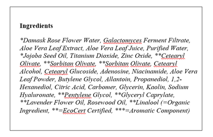 Ingredients list for DRESSINGTABLE Brightening Iron Tone-Up Lotion including botanical extracts and skin-benefitting compounds.