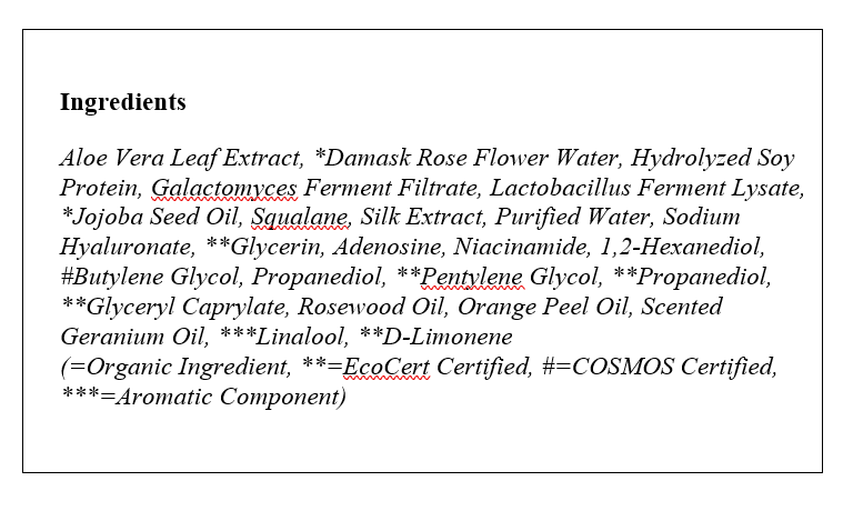 Ingredients of DRESSINGTABLE Brightening Iron Brilliance Serum, featuring plant-derived components for skincare.