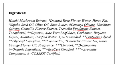 Ingredients list for DRESSINGTABLE Skin First Nourishing Cream, featuring natural and organic components.