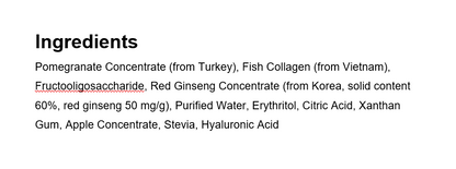 Ingredients list for MYEONGWONDAM Inner Beauty Red Ginseng Pomegranate Collagen Jelly Stick including pomegranate, collagen, and ginseng.