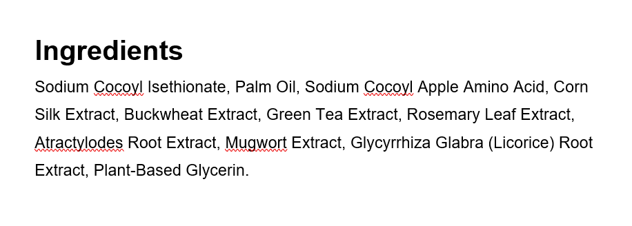 Ingredients of ERIGERON All-in-One Vegan Cacao Shampoo Ball including natural extracts and plant-based glycerin.