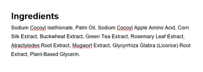 Ingredients of ERIGERON All-in-One Vegan Cacao Shampoo Ball including natural extracts and plant-based glycerin.