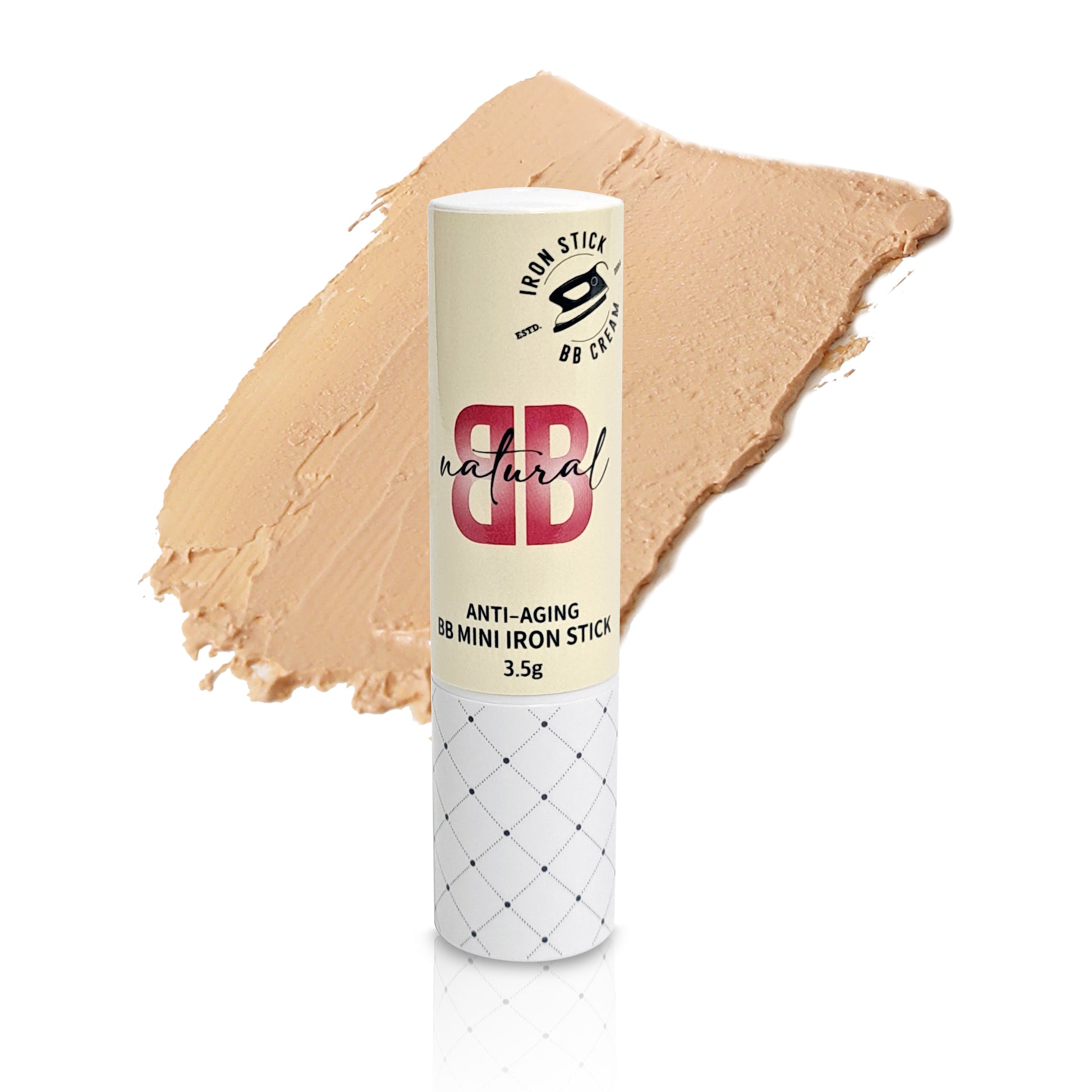 White colored stick casing with nude shade swatch behind it