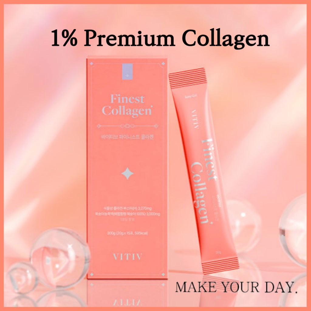 VITIV Finest Collagen packaging displayed against a soft peach background with text reading '1% Premium Collagen. Make Your Day.