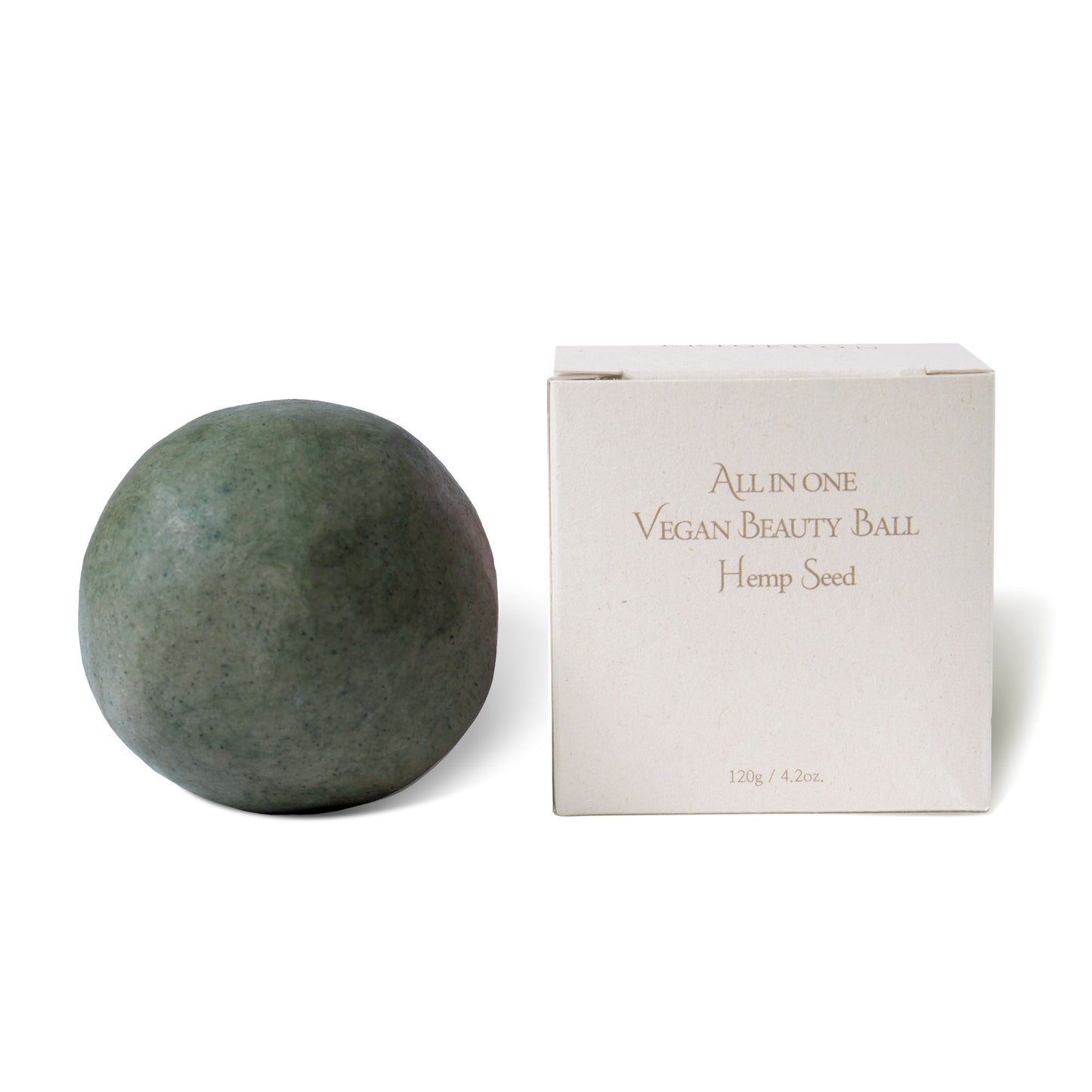 Erigeron All in one Vegan Beauty Ball Hemp Seed Shampoo Ball in dark green next to paper box package
