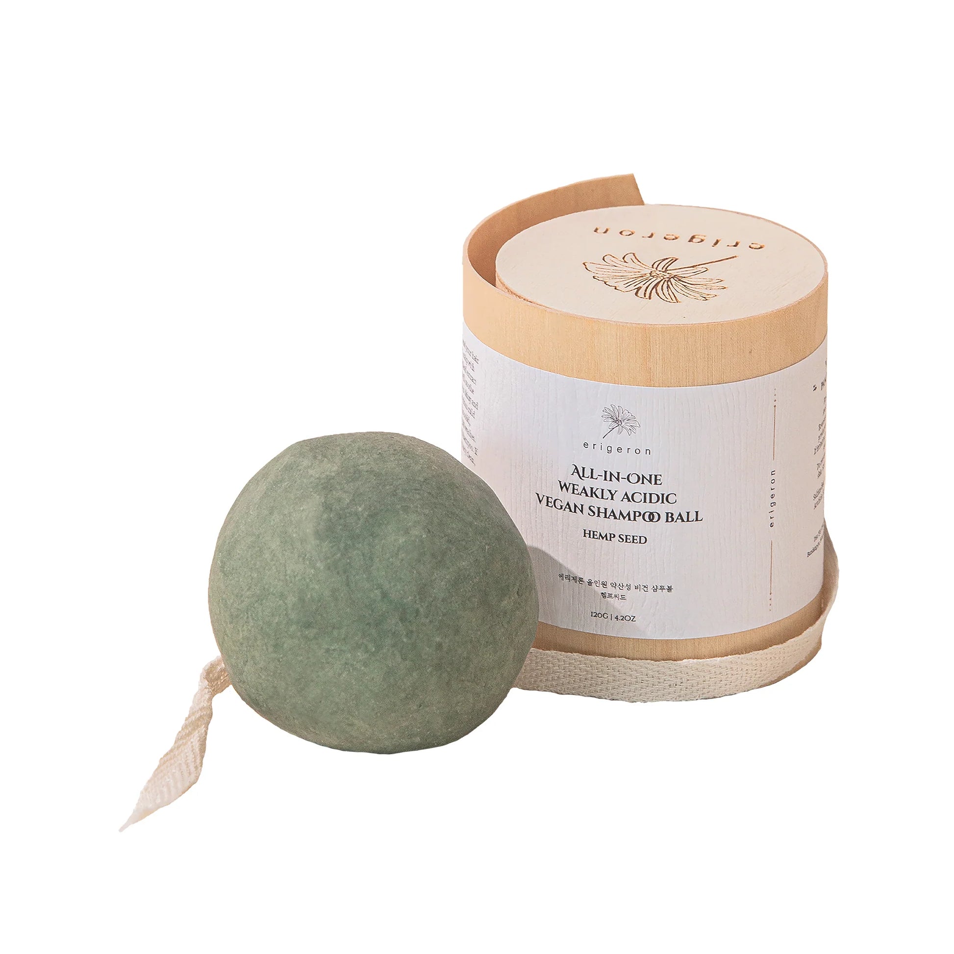 Erigeron All in one Vegan Beauty Ball Hemp Seed Shampoo Ball in green with wooden package