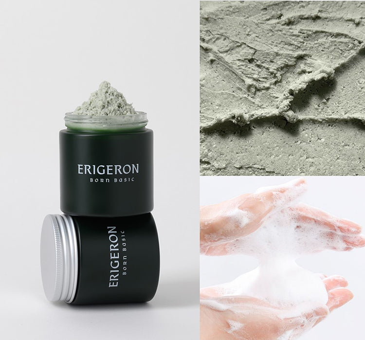 Two jars of Erigeron Houttuynia Cordata Green Pack Cleanser, with a close-up of its creamy texture and a hand lathering the cleanser into foam.