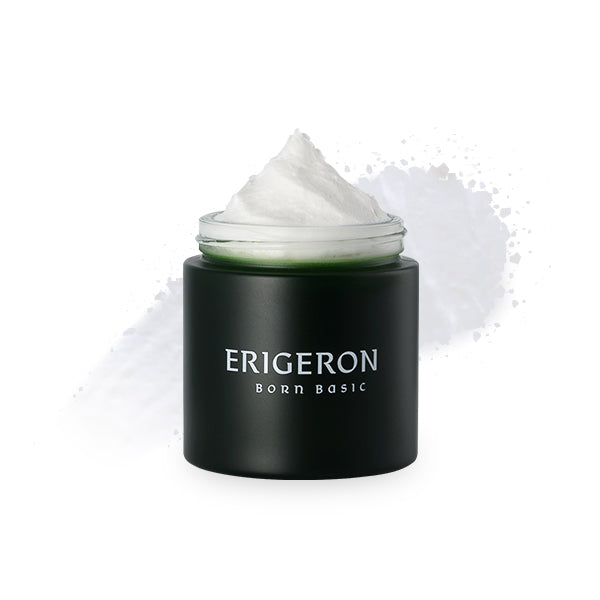 Erigeron Soy Milk Yogurt Pack Cleanser displayed inside Erigeron's green tub with swatch shown behind to show texture