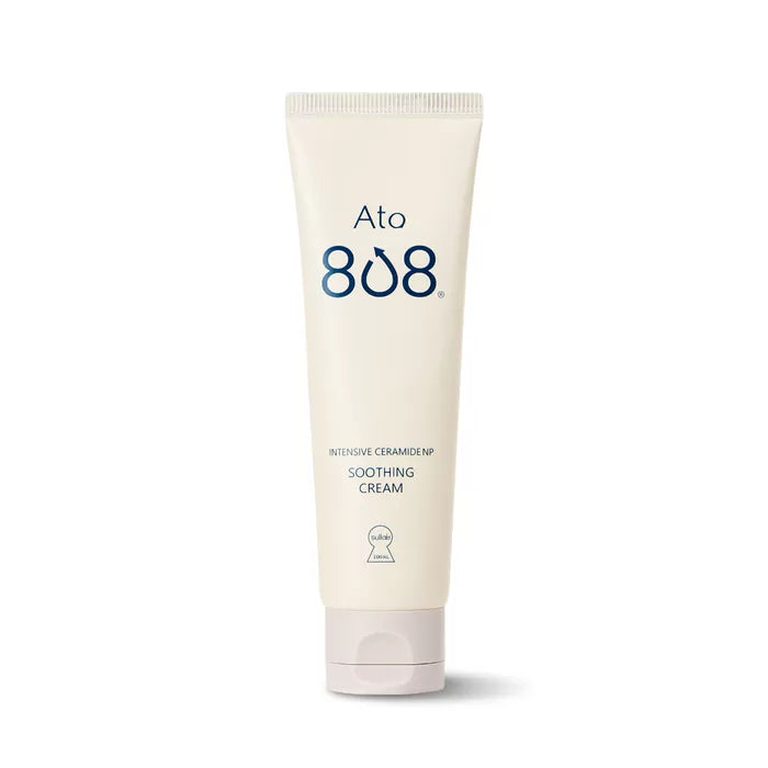 ATO 808 Cream tube displayed on a white background, emphasizing its sleek design and intensive ceramide NP formula.