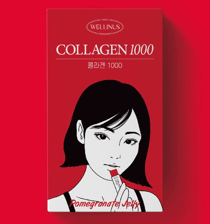WELLINUS Collagen 1000 Pomegranate collagen Jelly packaging featuring a woman holding a jelly stick.