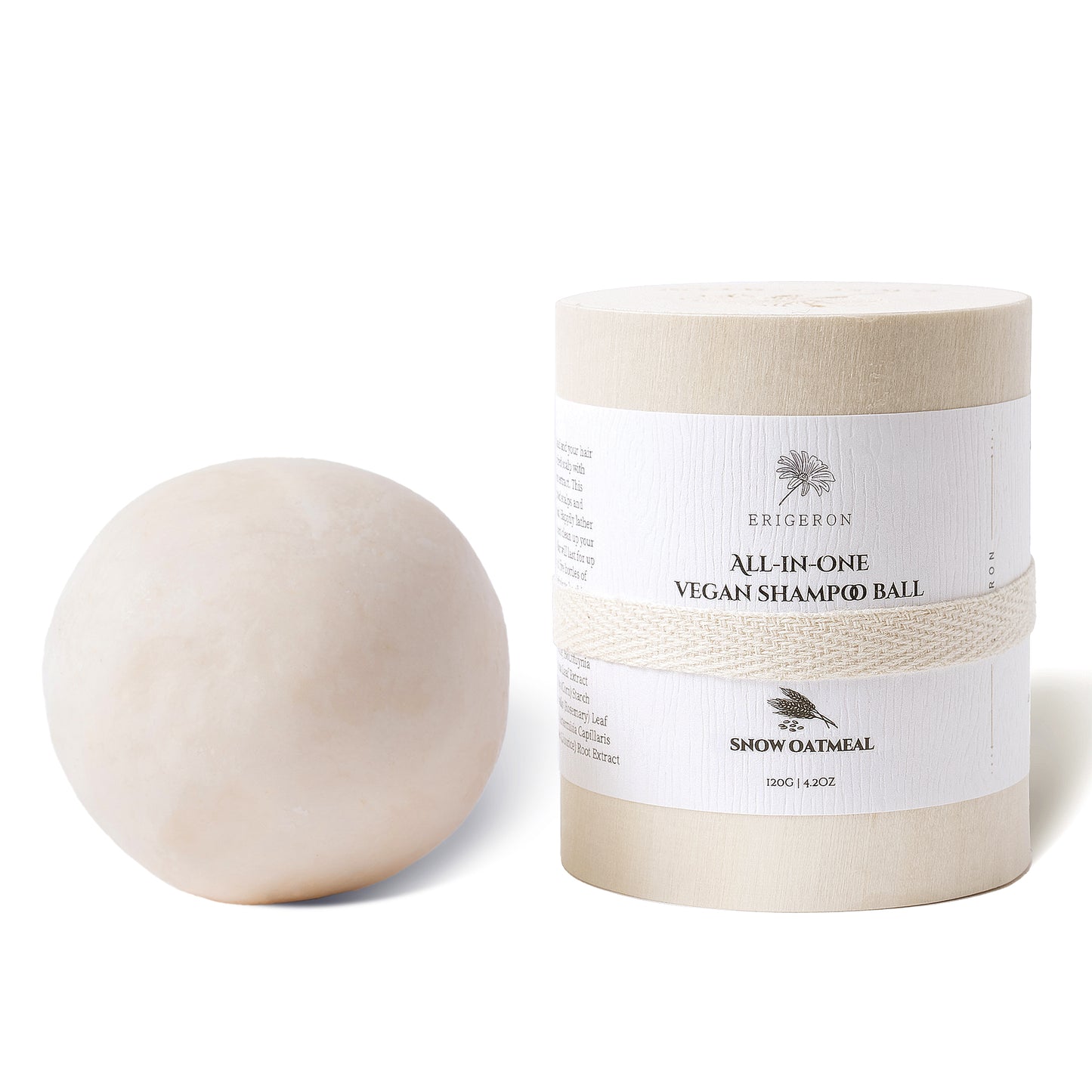 Erigeron All in one Vegan Shampoo Ball Snow Oatmeal Shampoo Ball with wooden packaging.