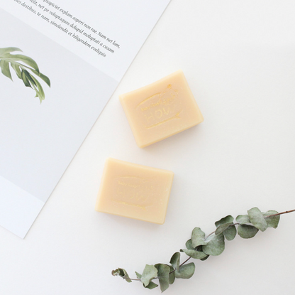 A minimalist presentation of two cream-colored bars of soap resting on a clean white surface, accompanied by a sprig of eucalyptus and a partially visible open book or pamphlet, evoking a sense of natural purity and tranquility.