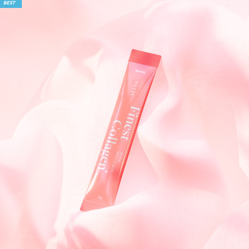 A single VITIV Finest Collagen stick displayed on a soft pink fabric, highlighting its elegant and simple design.