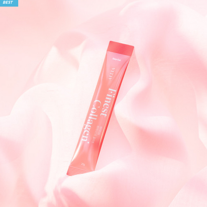 A single VITIV Finest Collagen stick displayed on a soft pink fabric, highlighting its elegant and simple design.