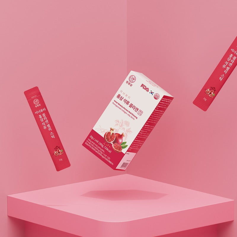 MYEONGWONDAM Inner Beauty Red Ginseng Pomegranate Collagen Jelly Stick packaging and jelly sticks on a pink background.