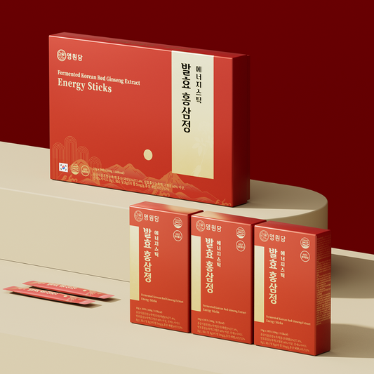 MYEONGWONDAM Fermented Korean Red Ginseng Extract Energy Sticks packaging and product display on table.