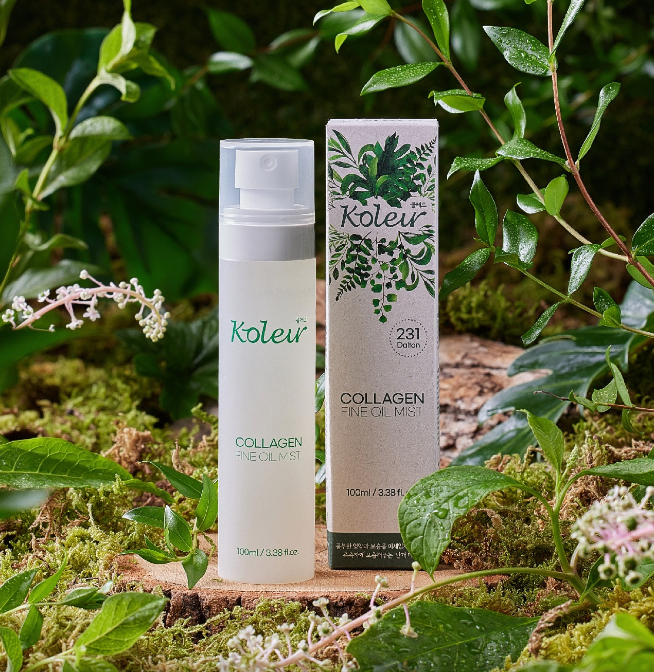 Koleur Collagen Fine Oil Mist bottle displayed alongside its packaging, surrounded by vibrant green plants and dew-kissed leaves, highlighting its natural and premium quality.