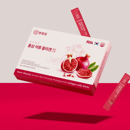 MYEONGWONDAM Inner Beauty Red Ginseng Pomegranate Collagen Jelly Stick packaging with pomegranate and jelly sticks.